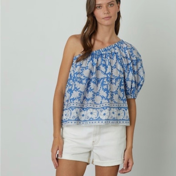 Velvet Graham & Spencer Size L One Shoulder Blouse Floral Puffed Sleeve - Picture 3 of 12